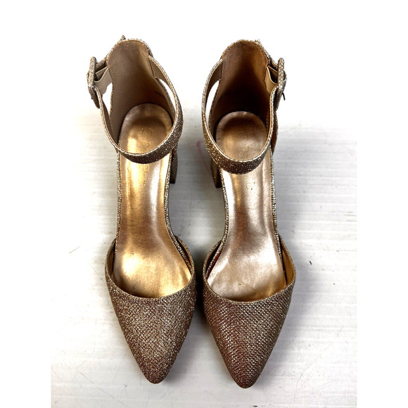Dream Paris Gold Glitter Shoes Women's 8 Ankle Strap 1.5" Block Heel Party Prom - Picture 2 of 9